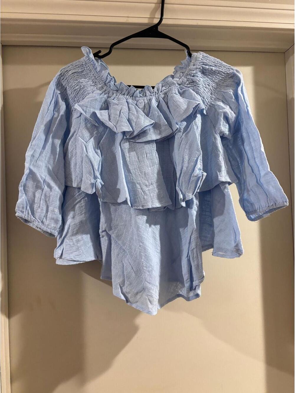 Women’s Hayden Los Angeles Ruffle Peasant Top Blue Boho Cottagecore Medium